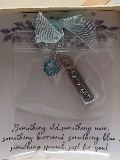 Personalized Blue Crystal Bridal Bouquet Charm with Engraved Text and Card Something Blue Wedding Gift for Bride - CALLIE