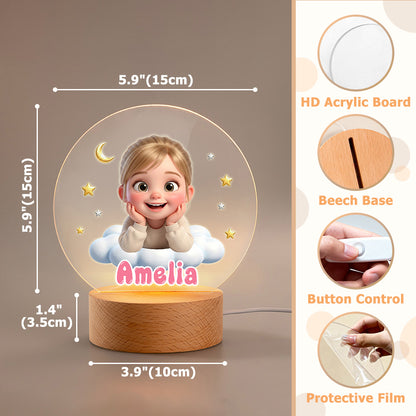 Personalized Cute Cartoon Photo Acrylic LED Night Light with Name and Wooden Base Bedroom Bedside Decor Birthday Gift for Kids New Parents