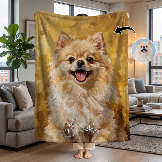 Personalized Oil Painting Style Pet Photo Soft Throw Blanket with Name Home Decor Birthday Pet Memorial Gift for Pet Lovers