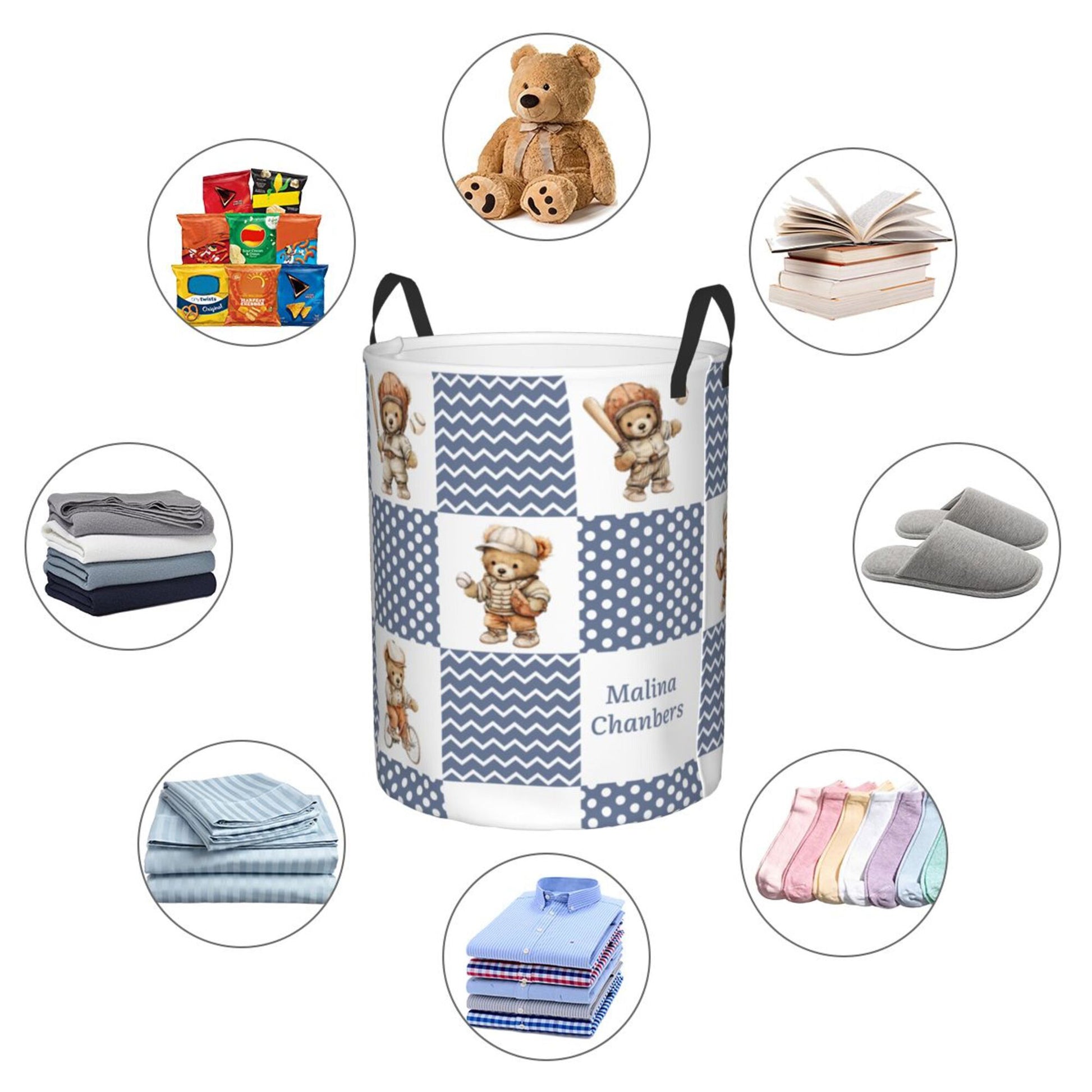 Personalized Sports Teddy Bear Polka Dot Large Capacity Laundry Basket with Name and Handle Nursery Decor Birthday Gift for Kids