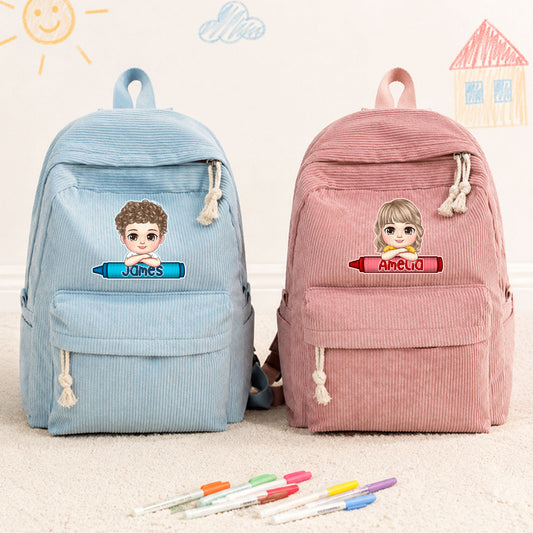 Personalized Cartoon Character Multicolor Corduroy Backpack with Name Daily Use Birthday Back to School Gift for Kids Toddlers
