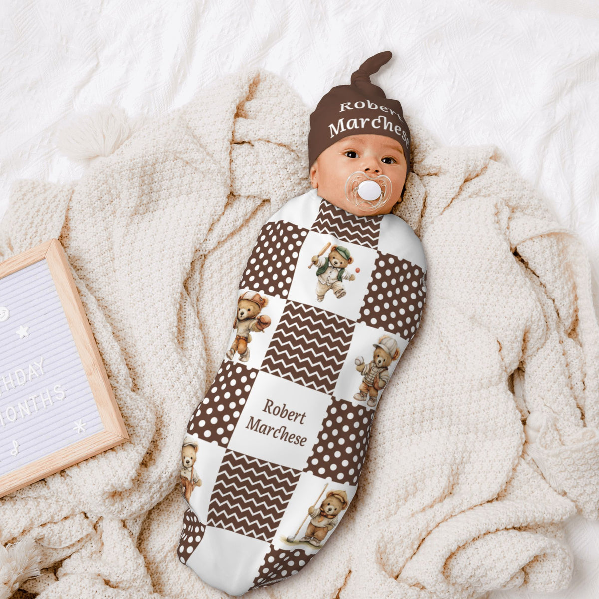 Personalized Sports Teddy Bear Polka Dot 100% Cotton Soft Swaddle Hat Set with Name Baby Shower Birthday Gift for Newborn New Parent