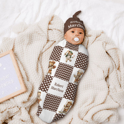 Personalized Sports Teddy Bear Polka Dot 100% Cotton Soft Swaddle Hat Set with Name Baby Shower Birthday Gift for Newborn New Parent