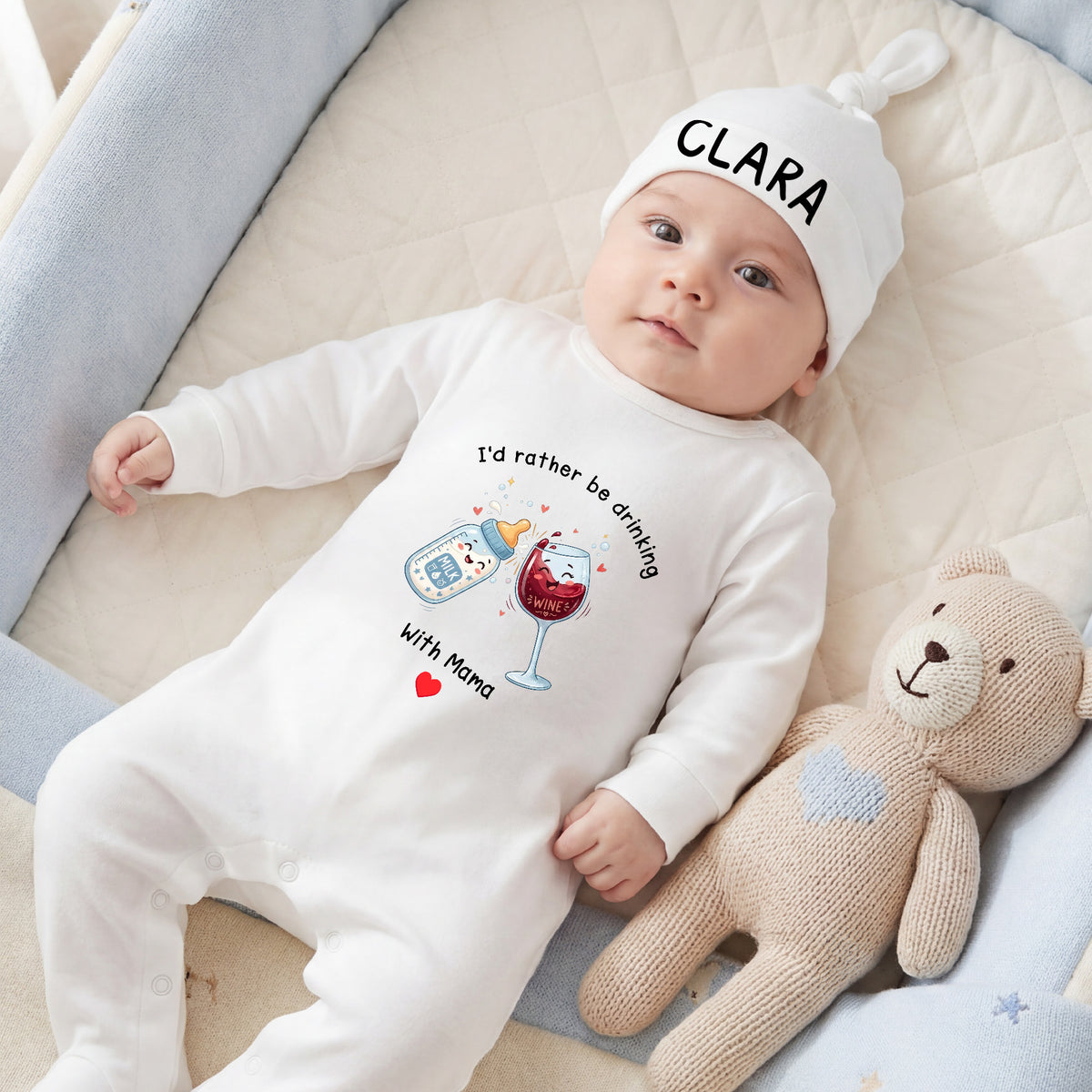 Personalized I'd Rather Be Drinking 100% Cotton Long-Sleeve Baby Romper Hat Set with Name Funny Baby Shower First Birthday Gift for Baby Newborn