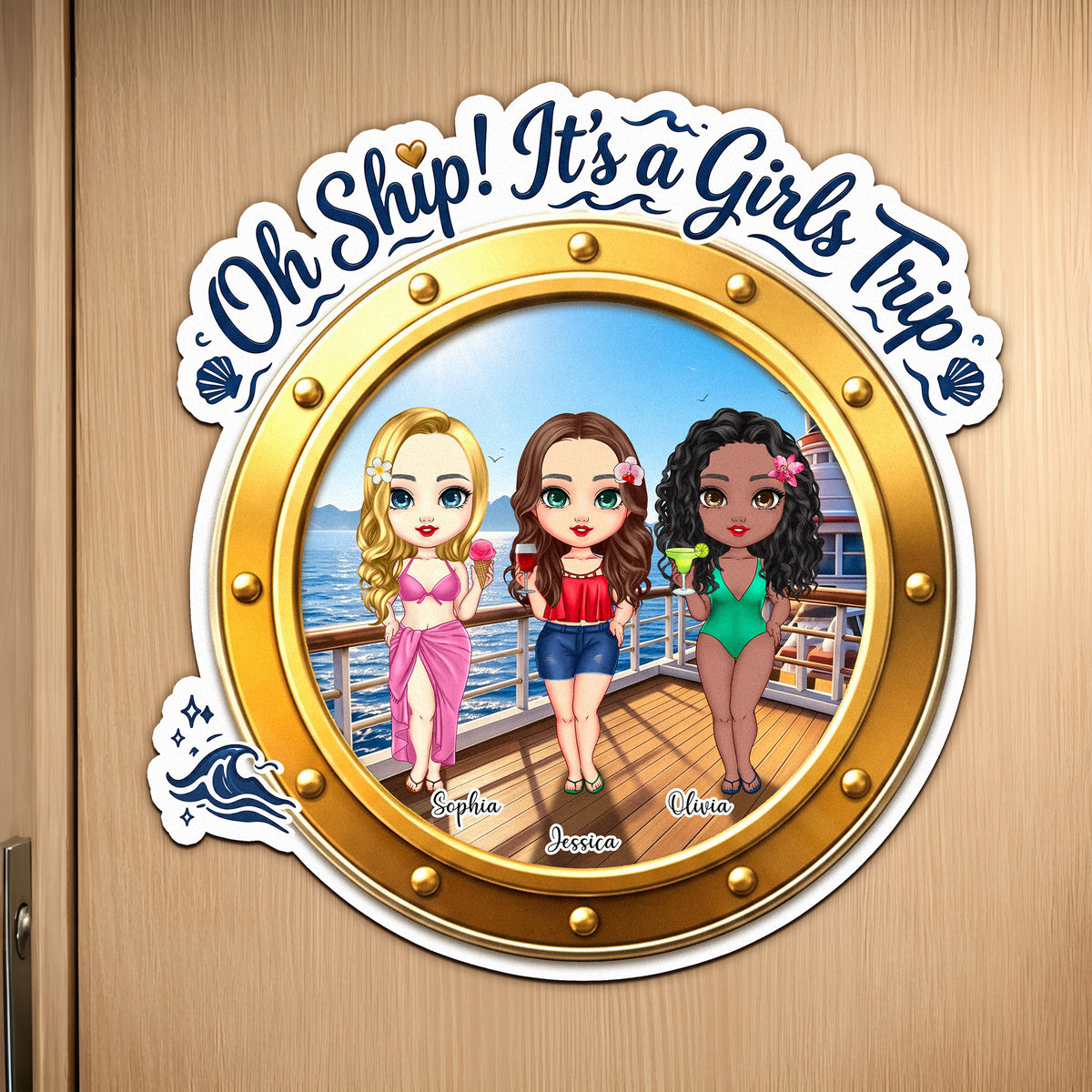Personalized Girls Trip 2-4 Cartoon Character Cruise Magnet with Name Home Decor Travel Summer Vacation Holiday Birthday Gift for Friends Bestie