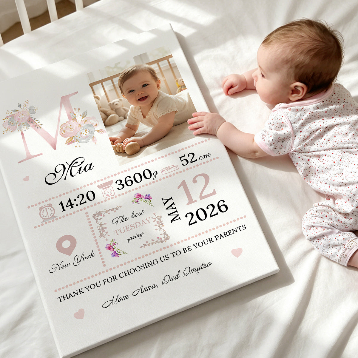Personalized Birth Flower Photo Canvas Prints with Name Year and Title Warm Minimalist Nursery Decor Ship from USA Birthday Gift for Parents Family
