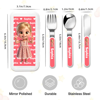 Custom Cute Cartoon Photo Kid Fork Spoon Knife 3 Pcs Cutlery Set | Safe Stainless Steel, Birthday Gift for Boys Girls