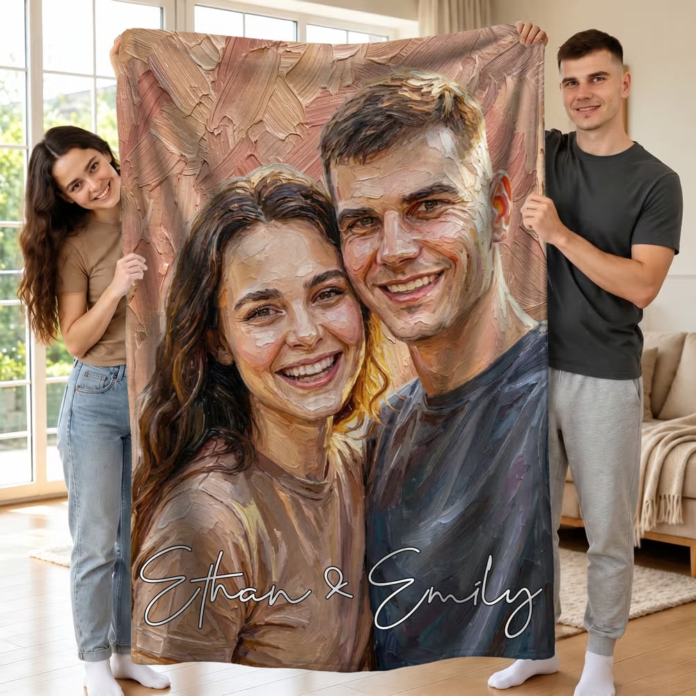 Personalized Oil Painting Style Photo Soft Throw Blanket with Name Home Decor Birthday Housewarming Anniversary Gift for Family Friends