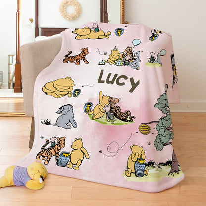 Personalized Classic Winnie the Pooh Illustration Soft Throw Blanket with Name Nursery Decor Birthday Baby Shower Gift for Newborns Boys Girls