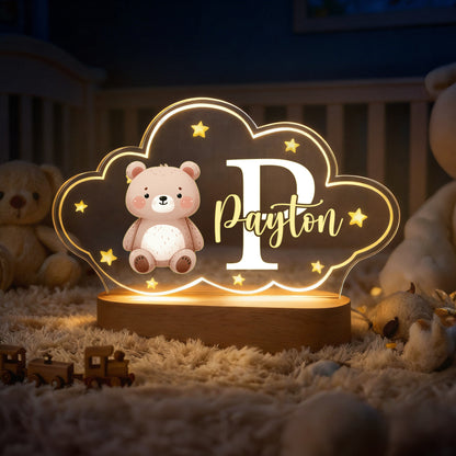 Personalized Cute Animals Star Cloud Style Acrylic LED Night Light with Name and Wooden Base Nursery Decor Birthday Anniversary Gift for Kid Newborn