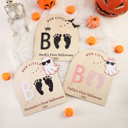 Personalized Ghost Bat Wooden DIY Footprint Art Sign with Name and Year Baby's First Halloween Gift for Baby New Parent