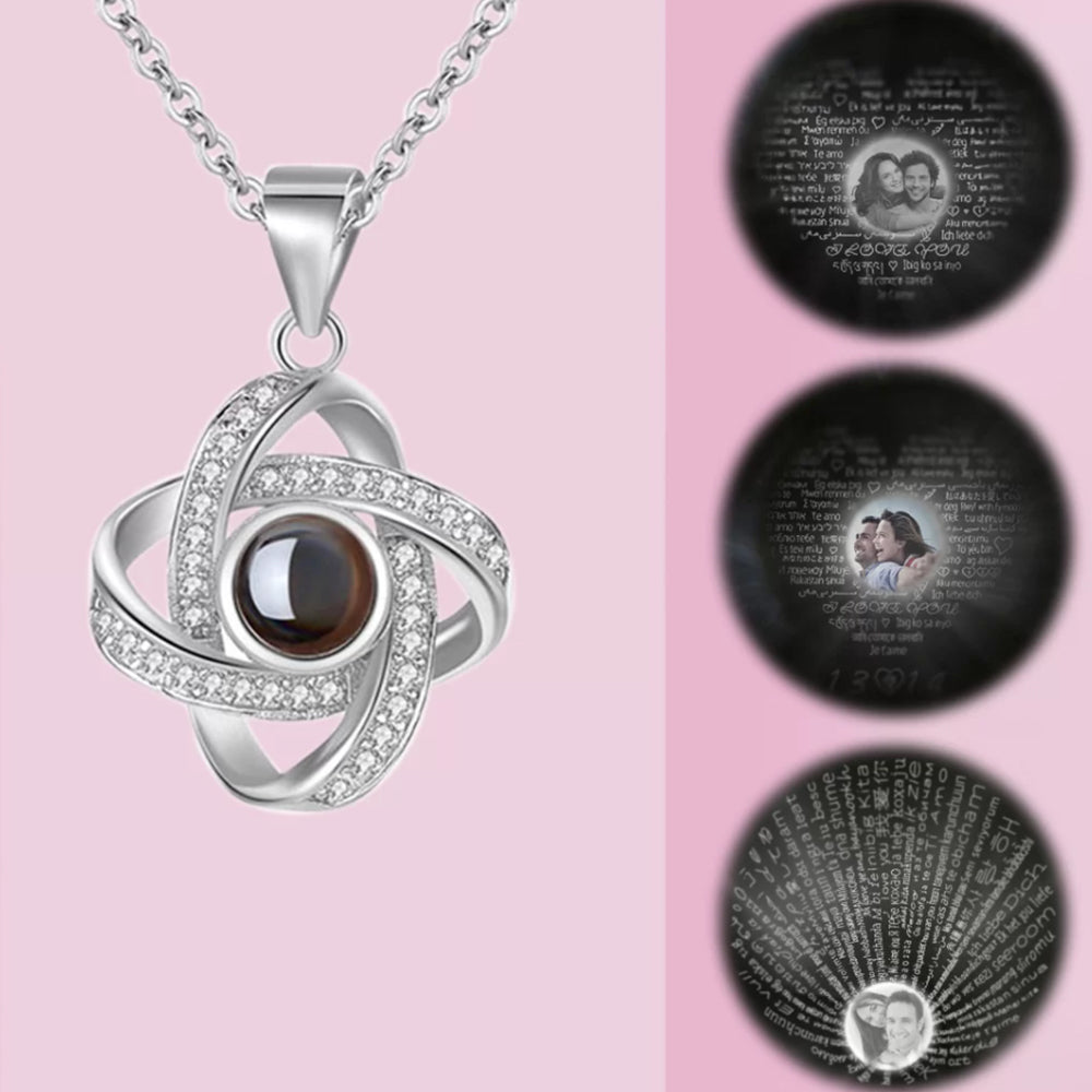 Personalized Four Leaf Clover Photo Projection Necklace with I Love You in 100 Languages
