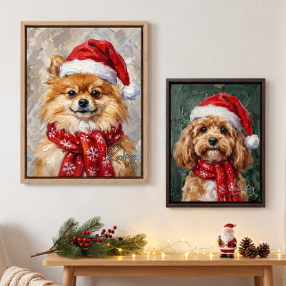 Personalized Oil Painting Style Christmas Hat Dog Cat Photo Large Canvas Prints with Name Home Decor Ship from USA Christmas Gift for Pet Owner Lover