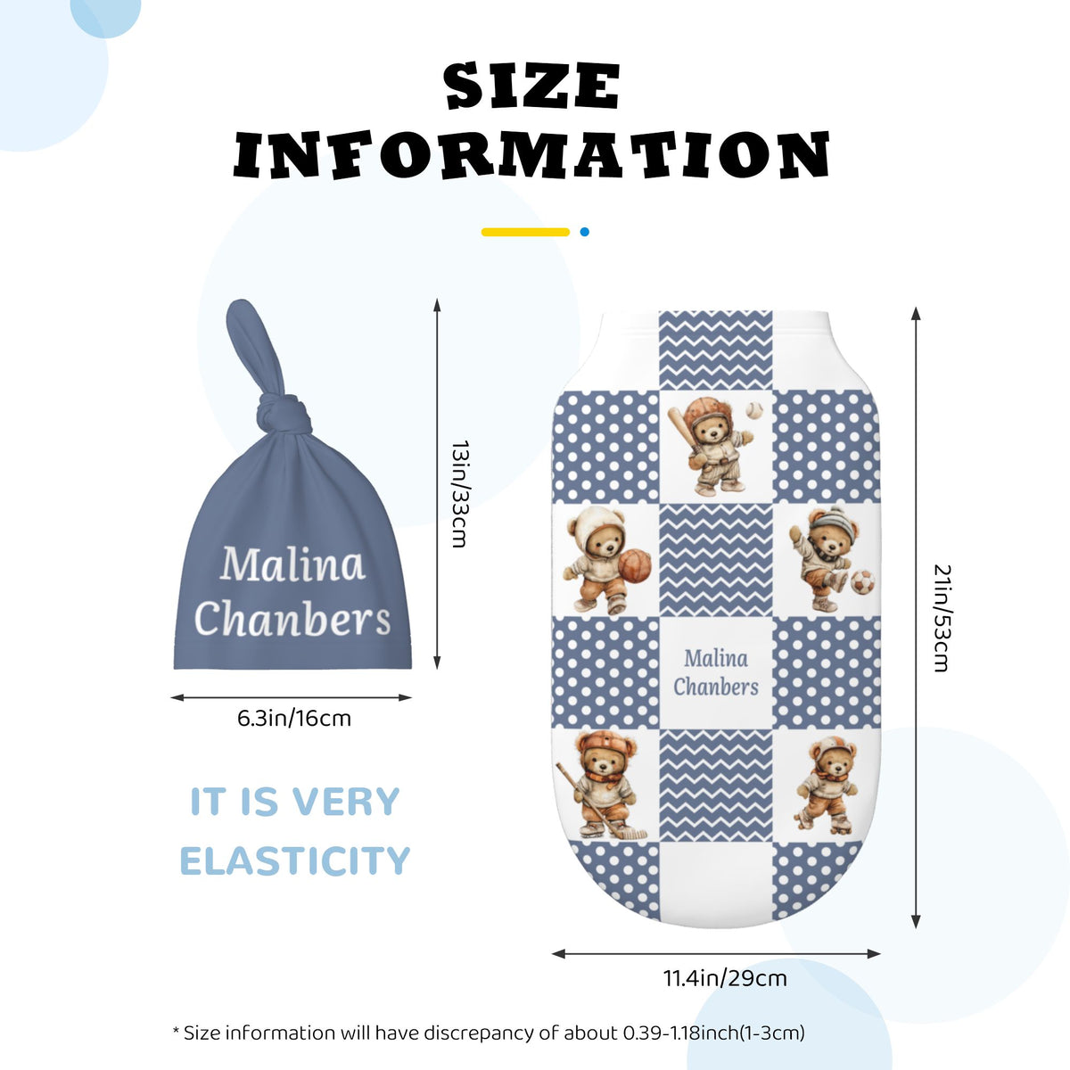 Personalized Sports Teddy Bear Polka Dot 100% Cotton Soft Swaddle Hat Set with Name Baby Shower Birthday Gift for Newborn New Parent