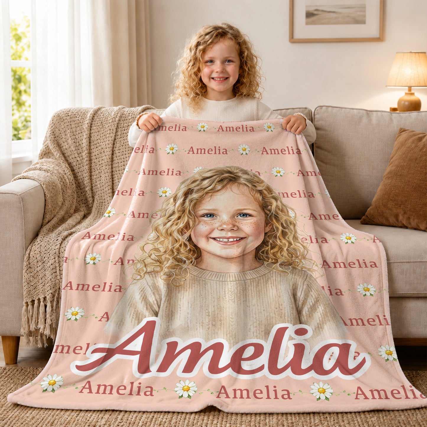 Personalized Watercolor Style Photo Soft Throw Blanket with Name Anniversary Birthday Gift for Kid