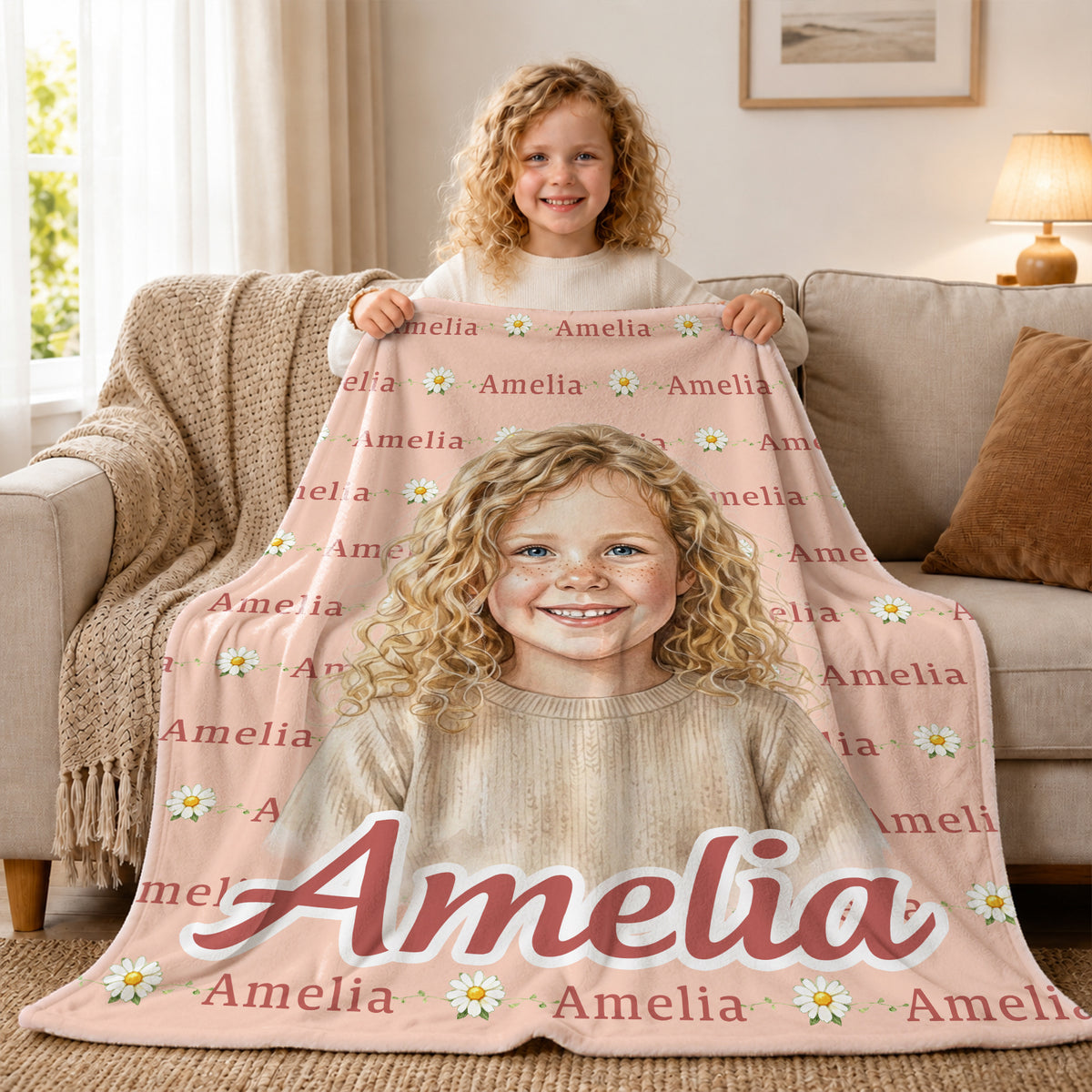 Personalized Watercolor Style Photo Soft Throw Blanket with Name Anniversary Birthday Gift for Kid