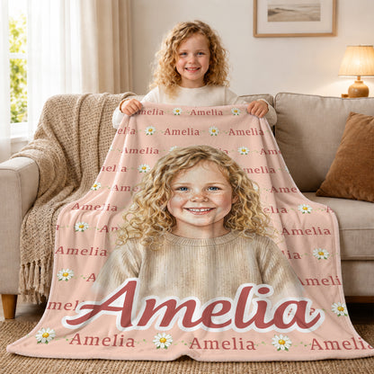 Personalized Watercolor Style Photo Soft Throw Blanket with Name Anniversary Birthday Gift for Kid