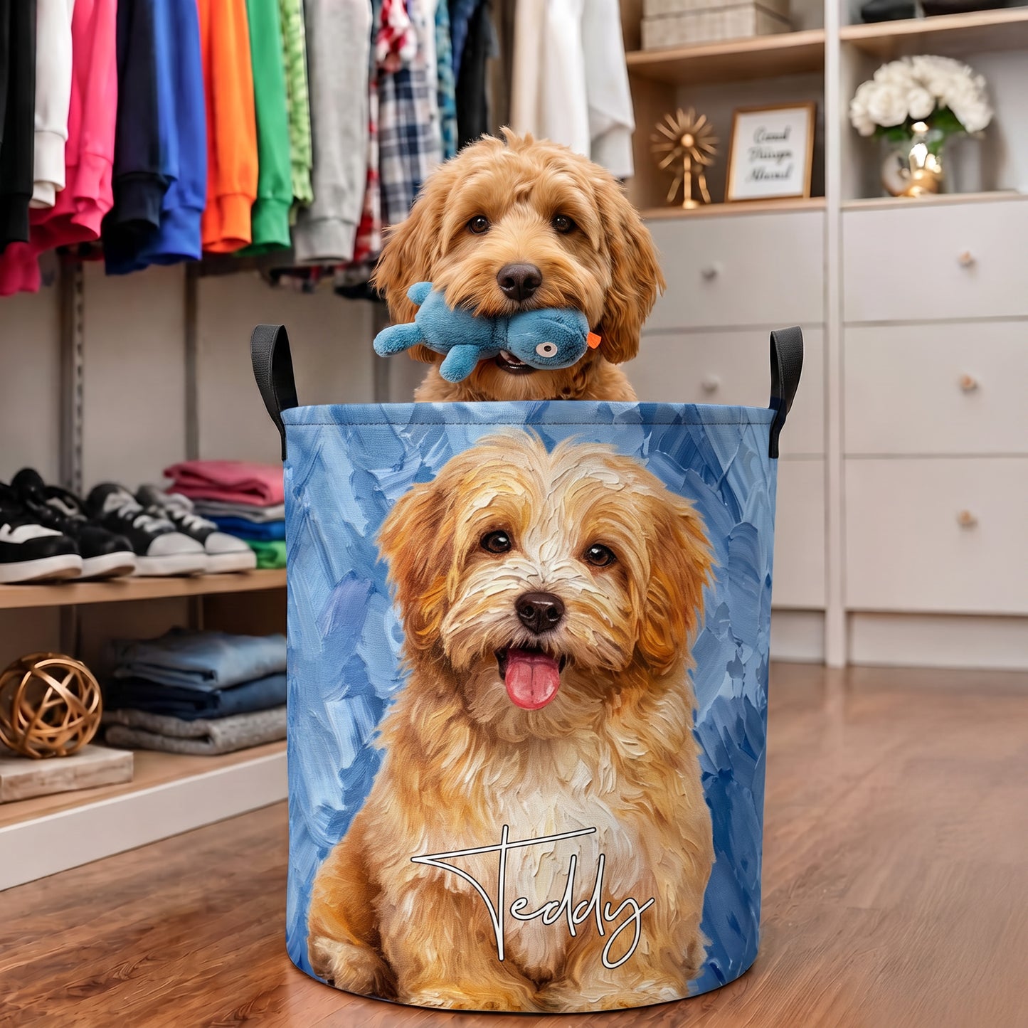 Personalized Oil Painting Style Pet Photo Large Capacity Laundry Basket with Name and Handle Nursery Decor Birthday Gift for Pet Owner Lover
