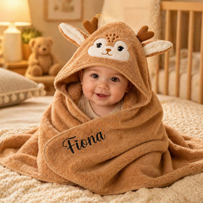 Personalized Cute Moose Animal Hooded Embroidered Soft Throw Blanket with with Name Daily Use Birthday Baby Shower Gift for New Moms Babies