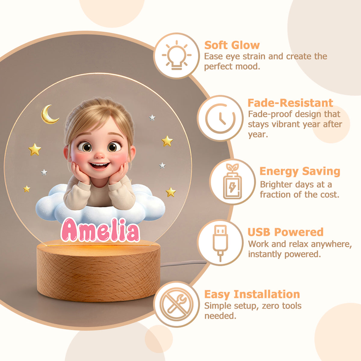Personalized Cute Cartoon Photo Acrylic LED Night Light with Name and Wooden Base Bedroom Bedside Decor Birthday Gift for Kids New Parents