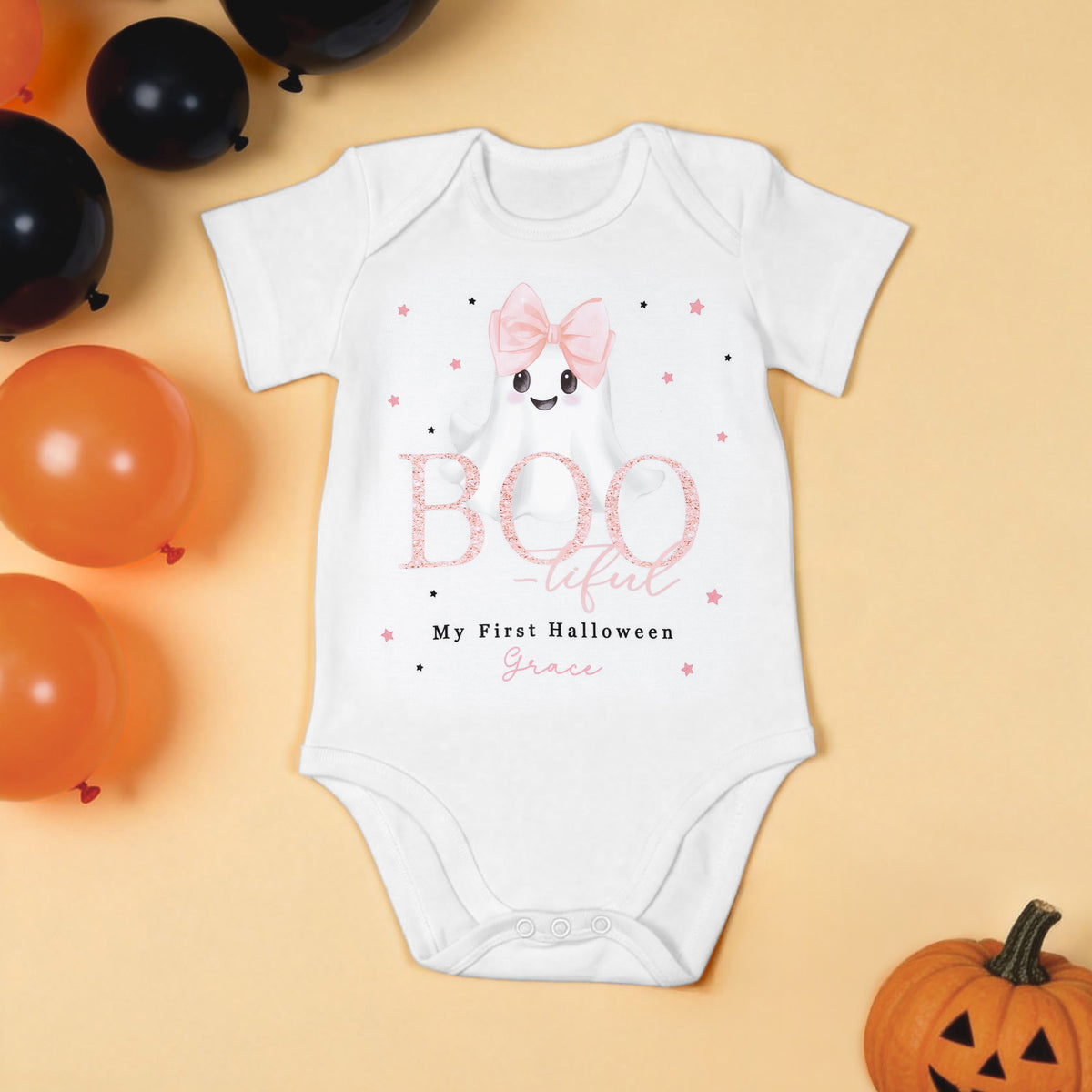 Personalized Cute Ghost Bow Baby Girl Bib Onesie Baby Bodysuit with Name Baby's First Halloween Gift for New Parents