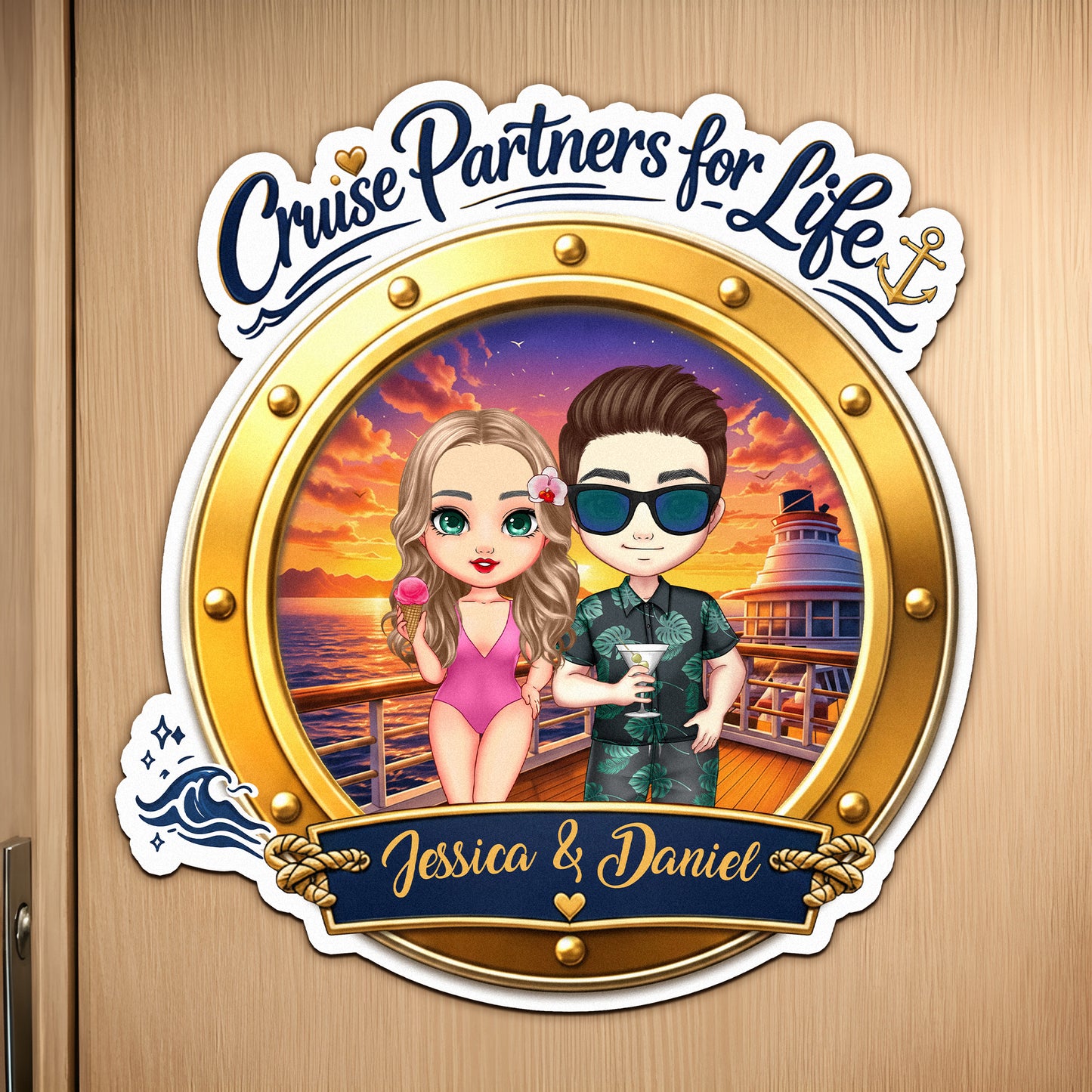 Personalized Cartoon Couple Character Cruise Fridge Magnet with Name Home Decor Birthday Summer Travel Gift for Couple Newlyweds