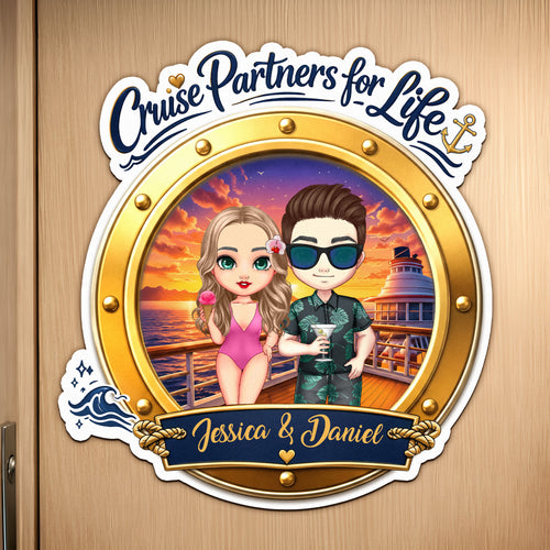 Personalized Cartoon Couple Character Cruise Fridge Magnet with Name Home Decor Birthday Summer Travel Gift for Couple Newlyweds