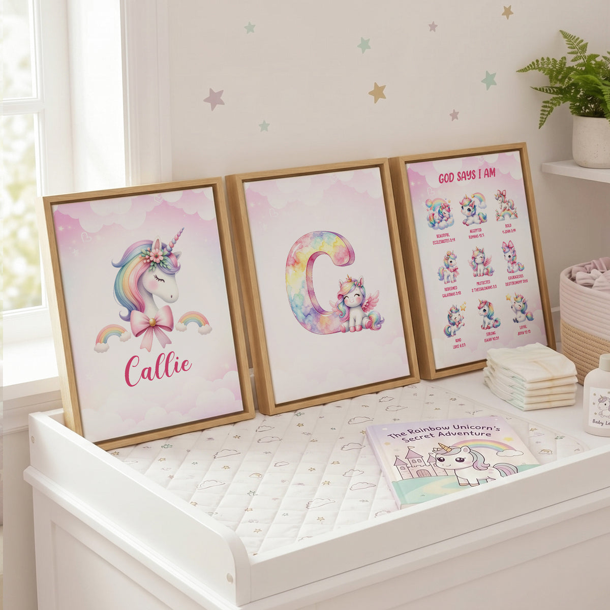 Personalized Minimalist Fantasy Unicorn Initial 3-Piece Canvas Prints with Name Nursery Decor Ship from USA Baby Shower Birthday Gift for Girl Newborn