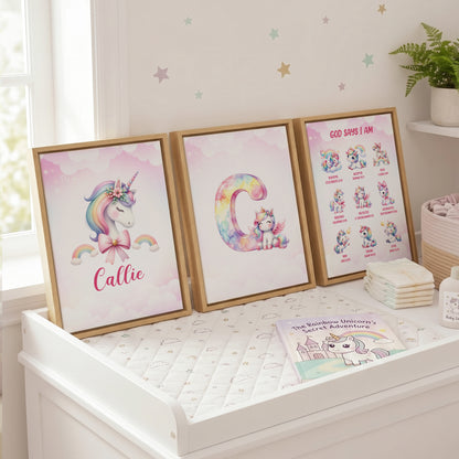 Personalized Minimalist Fantasy Unicorn Initial 3-Piece Canvas Prints with Name Nursery Decor Ship from USA Baby Shower Birthday Gift for Girl Newborn