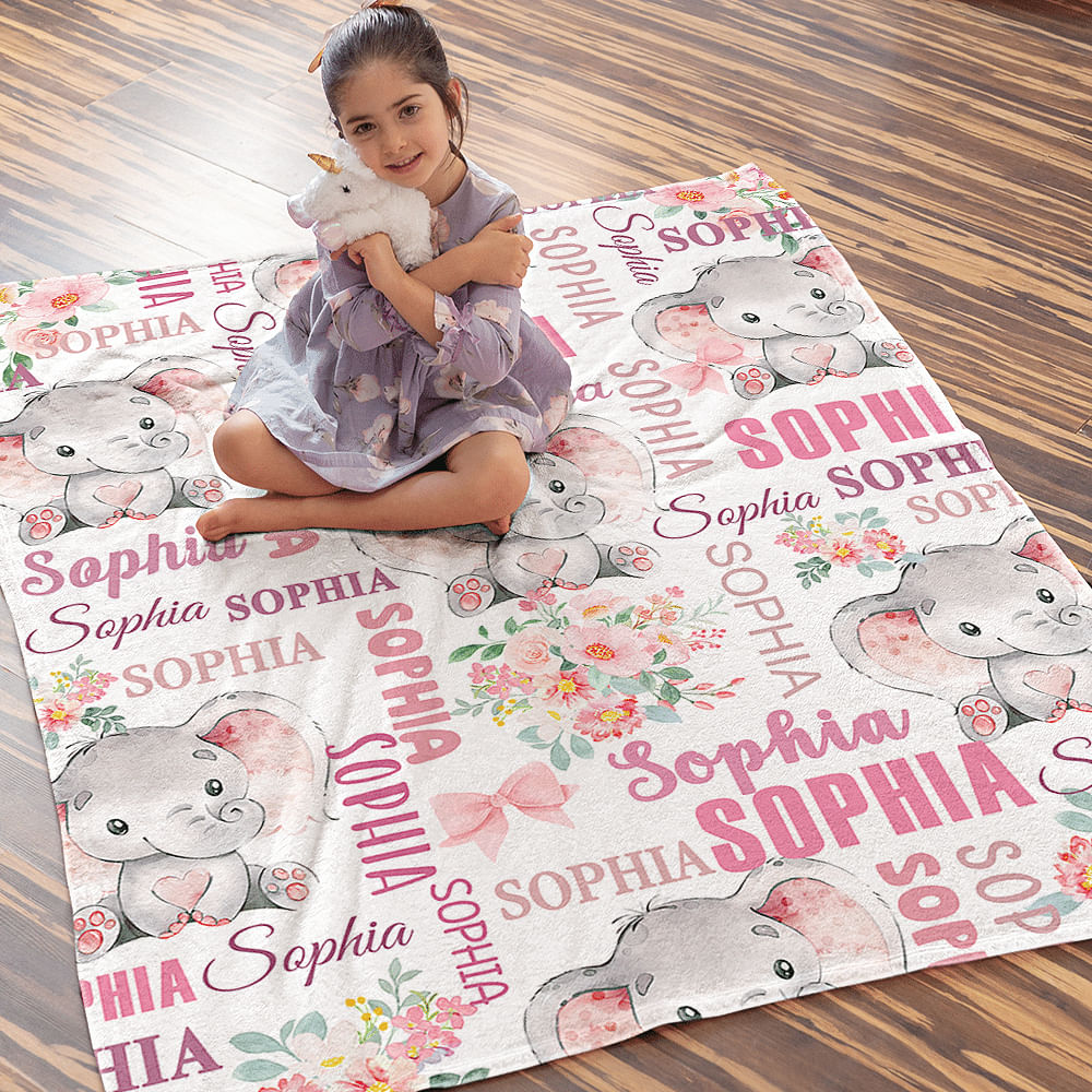 Personalized Cute Pink Blue Floral Elephant Soft Throw Blanket with Multiple Names Nursery Room Decor Birthday Baby Shower Gift for Boys Girls