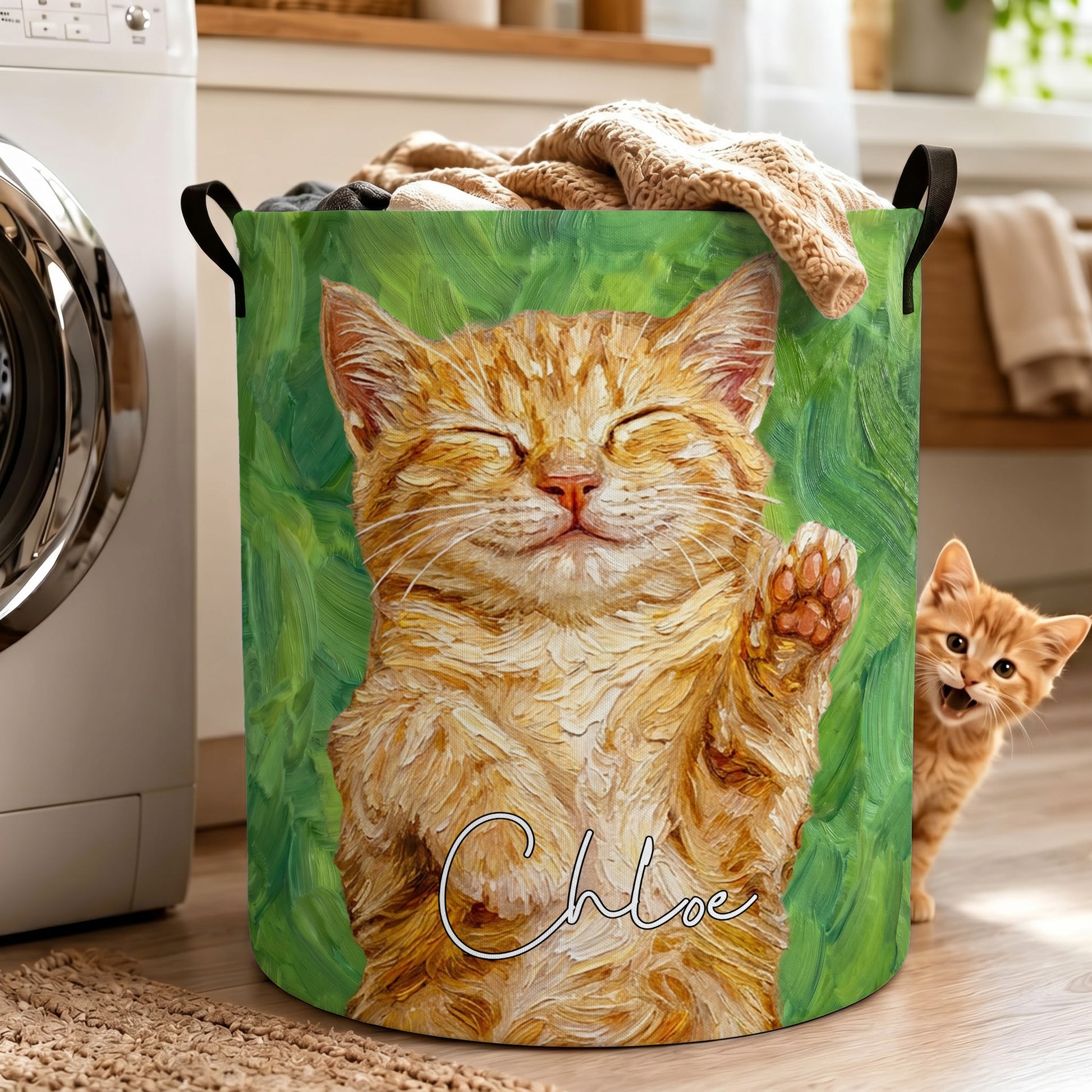 Personalized Oil Painting Style Pet Photo Large Capacity Laundry Basket with Name and Handle Nursery Decor Birthday Gift for Pet Owner Lover