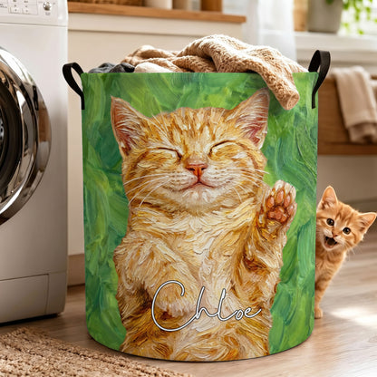 Personalized Oil Painting Style Pet Photo Large Capacity Laundry Basket with Name and Handle Nursery Decor Birthday Gift for Pet Owner Lover