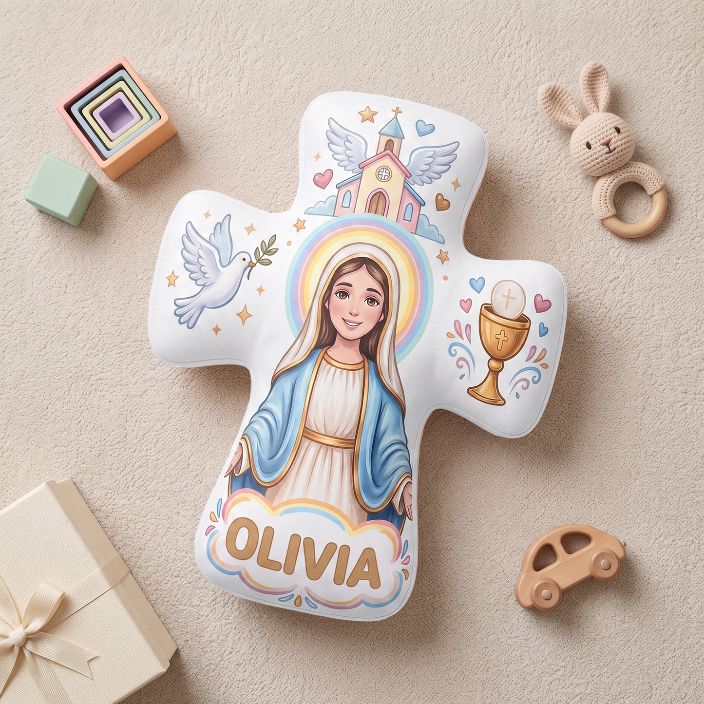 Personalized the Virgin and Child Christian Cross Shaped Soft Throw Pillow with Name Home Decor Birthday Gift for Kids