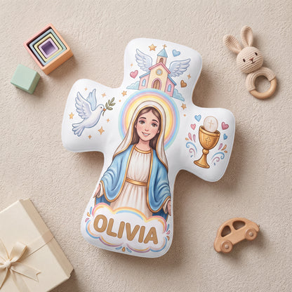 Personalized the Virgin and Child Christian Cross Shaped Soft Throw Pillow with Name Home Decor Birthday Gift for Kids