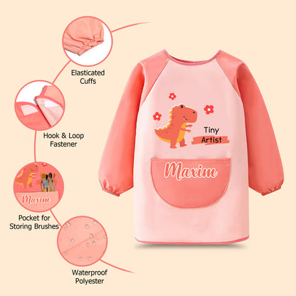 Personalized Cute Dinosaur Paint Waterproof Long Sleeve Apron with Name Text and Pocket Outdoor Activity Birthday Gift for Kids Students