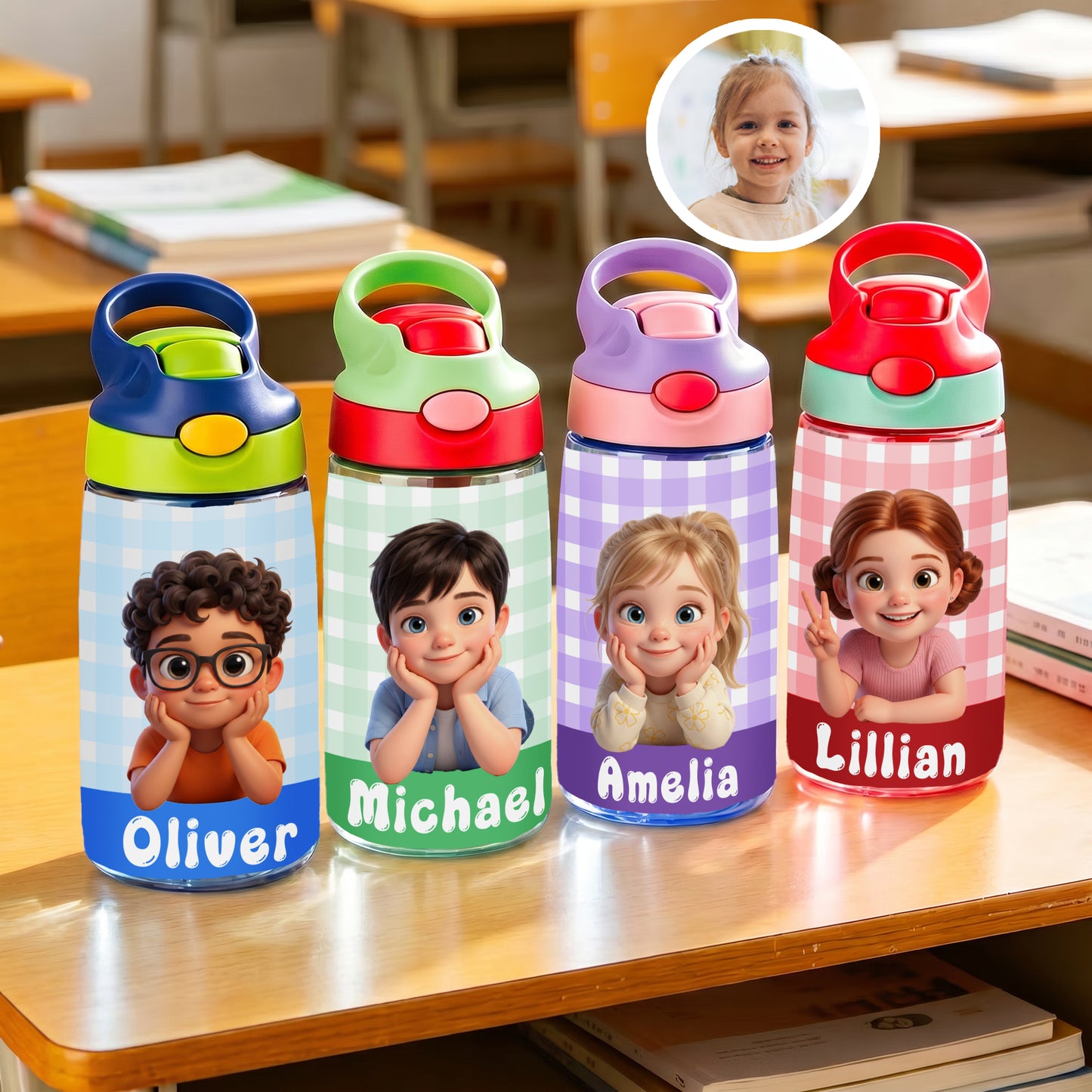 Personalized Cartoon Character Photo Water Bottle with Name and Silicone Straw Outdoor Activities Birthday Back to School Gift for Students Kids