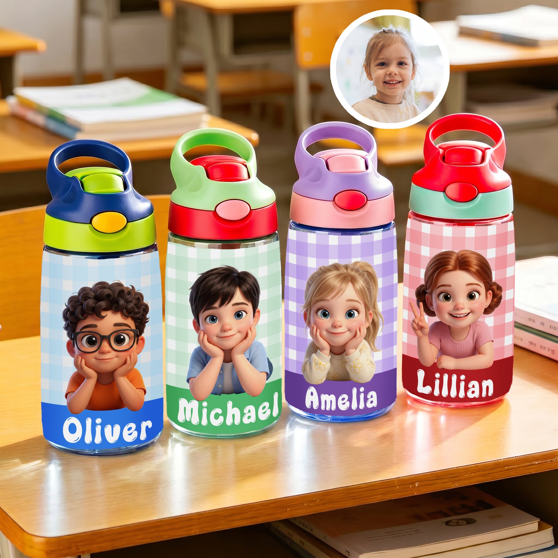 Personalized Cartoon Character Photo Water Bottle with Name and Silicone Straw Outdoor Activities Birthday Back to School Gift for Students Kids
