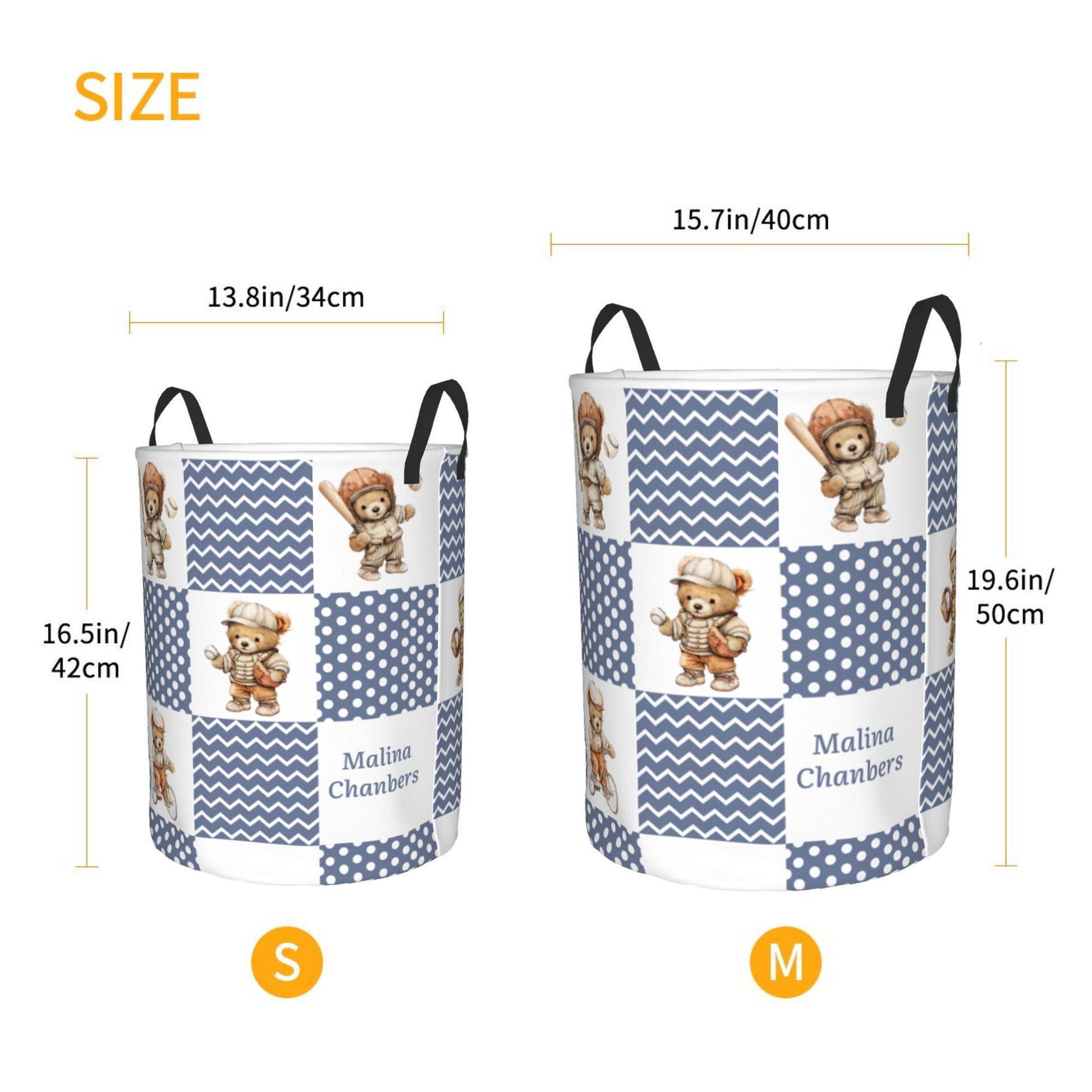 Personalized Sports Teddy Bear Polka Dot Large Capacity Laundry Basket with Name and Handle Nursery Decor Birthday Gift for Kids