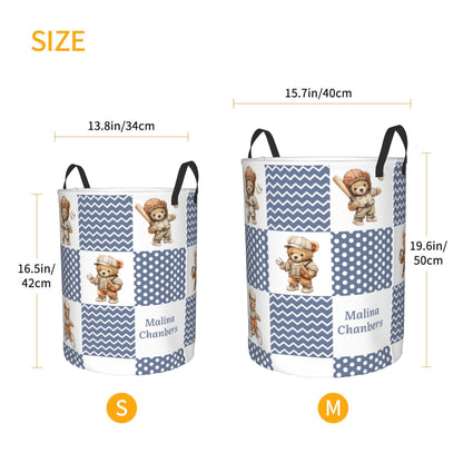 Personalized Sports Teddy Bear Polka Dot Large Capacity Laundry Basket with Name and Handle Nursery Decor Birthday Gift for Kids