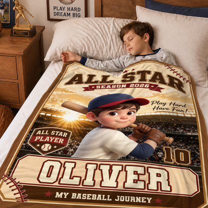 Personalized Cartoon Baseball Character Photo Soft Throw Blanket with Name and Number Home Decor Team Birthday Gift for Baseball Lovers