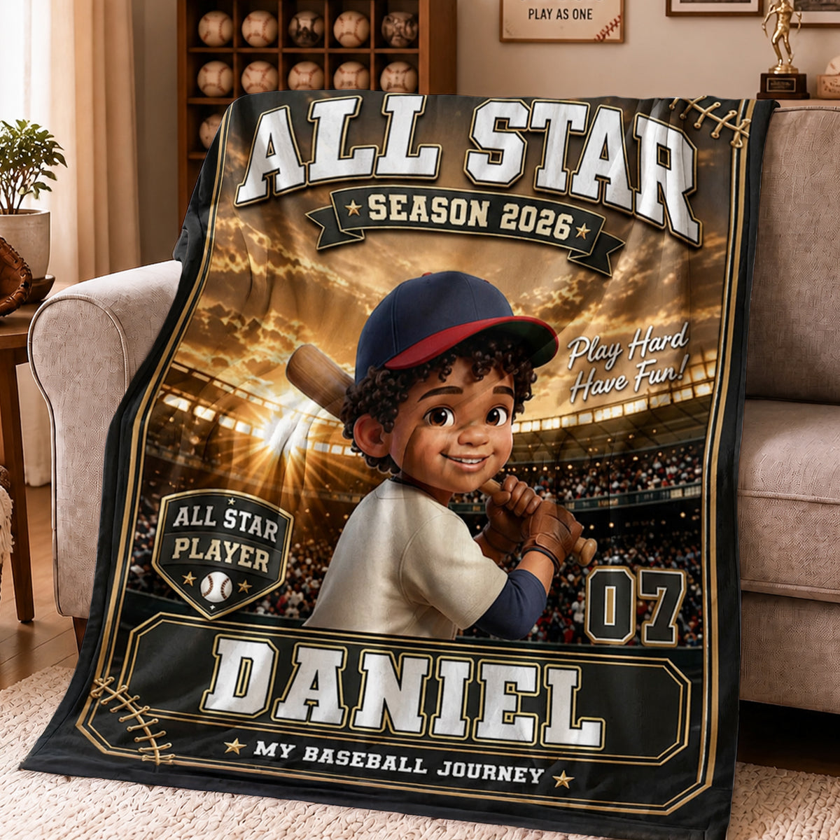 Personalized Cartoon Baseball Character Photo Soft Throw Blanket with Name and Number Home Decor Team Birthday Gift for Baseball Lovers