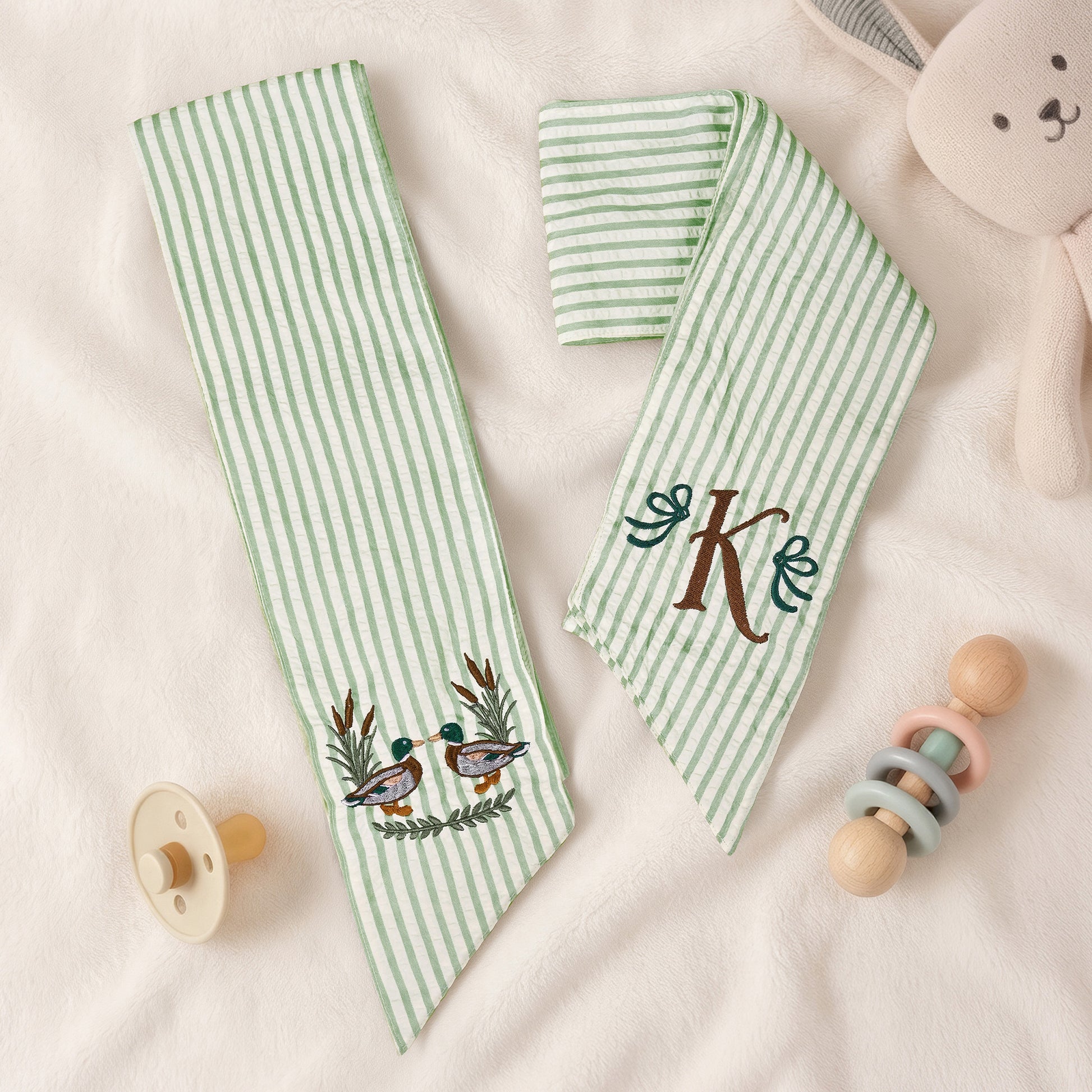 Personalized Mallard Ducks & Sage Green Baby Sash with Embroidered Initial Newborn Photography Prop Nursery Decor Baby Shower Gift for New Mom Dad