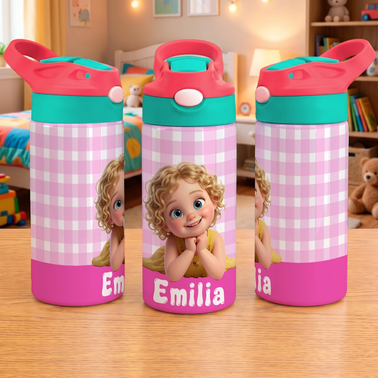 Personalized Cartoon Character Photo Water Bottle with Name and Silicone Straw Outdoor Activities Birthday Back to School Gift for Students Kids