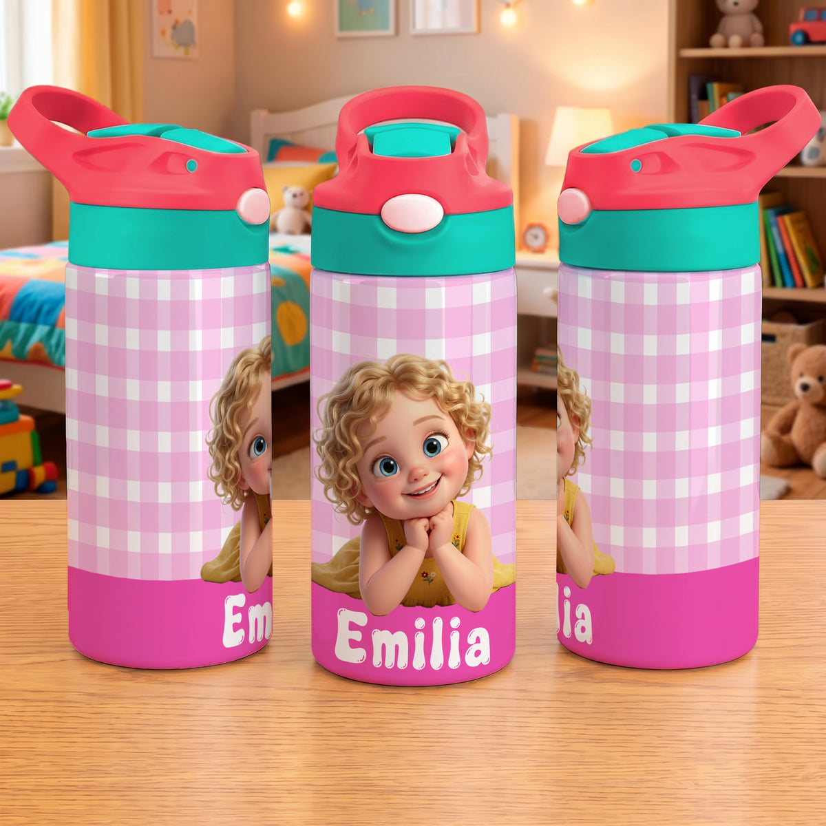 Personalized Cartoon Character Photo Water Bottle with Name and Silicone Straw Outdoor Activities Birthday Back to School Gift for Students Kids