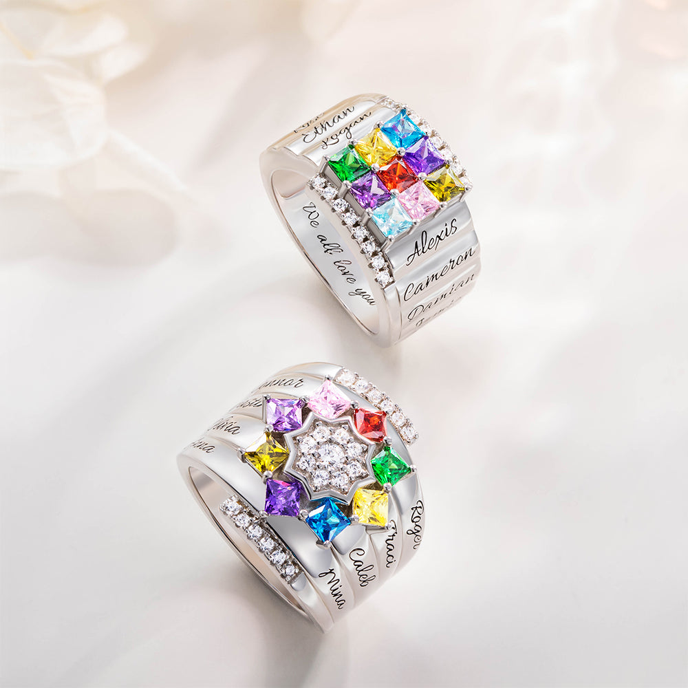 Personalized 1- 9 Square Birthstone Ring with Engraved Name Family Couple Sterling Silver Jewelry Birthday Valentine's Day Gift for Her