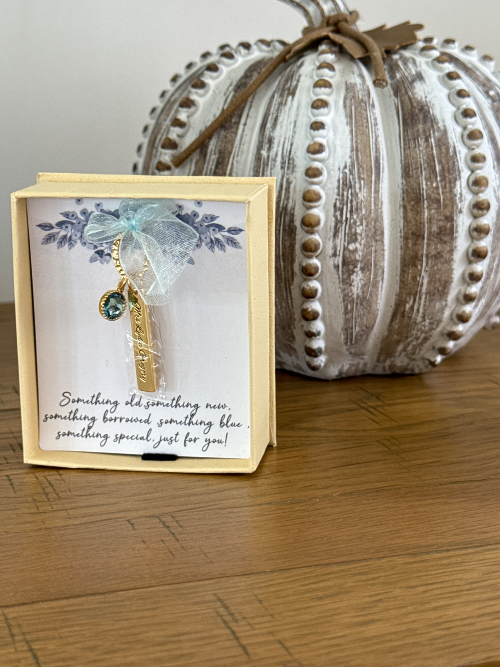 Personalized Blue Crystal Bridal Bouquet Charm with Engraved Text and Card Something Blue Wedding Gift for Bride - CALLIE