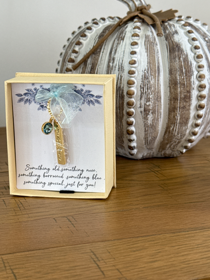 Personalized Blue Crystal Bridal Bouquet Charm with Engraved Text and Card Something Blue Wedding Gift for Bride - CALLIE