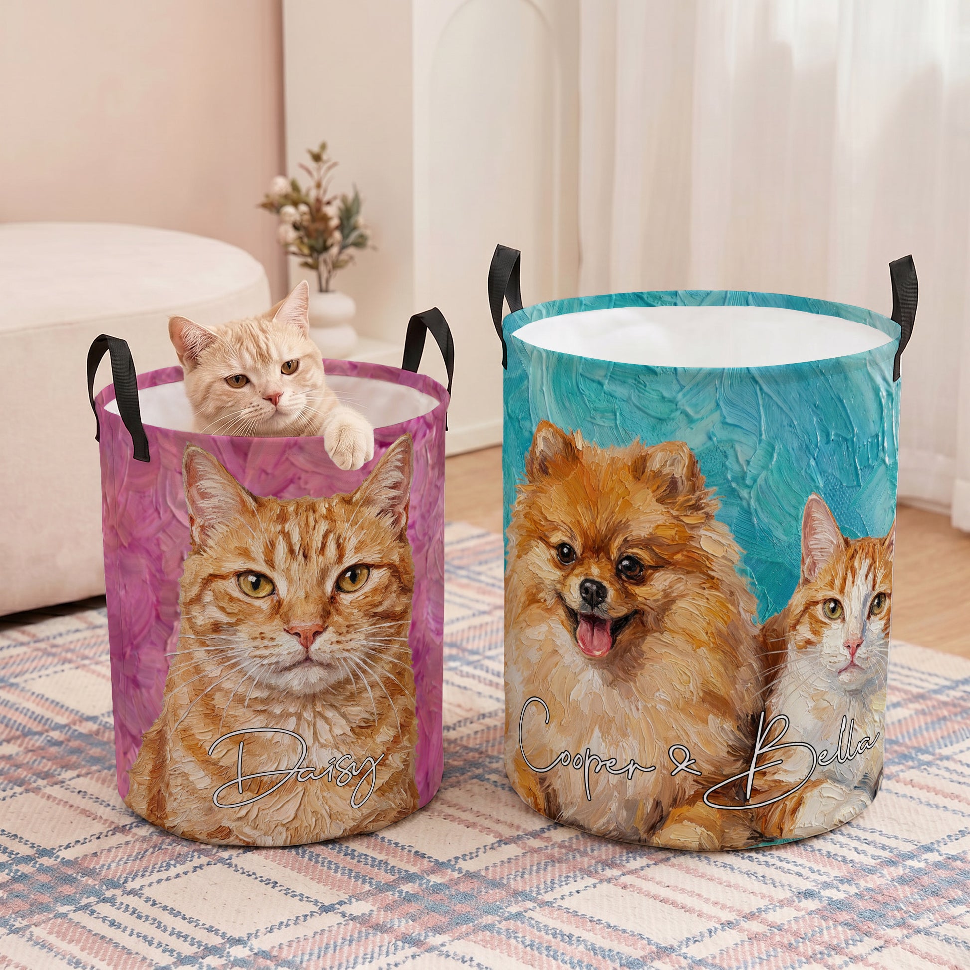 Personalized Oil Painting Style Pet Photo Large Capacity Laundry Basket with Name and Handle Nursery Decor Birthday Gift for Pet Owner Lover