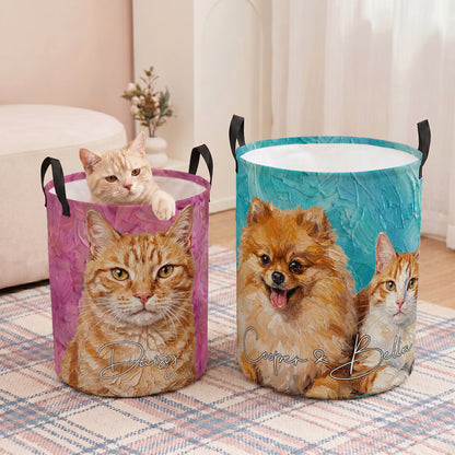 Personalized Oil Painting Style Pet Photo Large Capacity Laundry Basket with Name and Handle Nursery Decor Birthday Gift for Pet Owner Lover