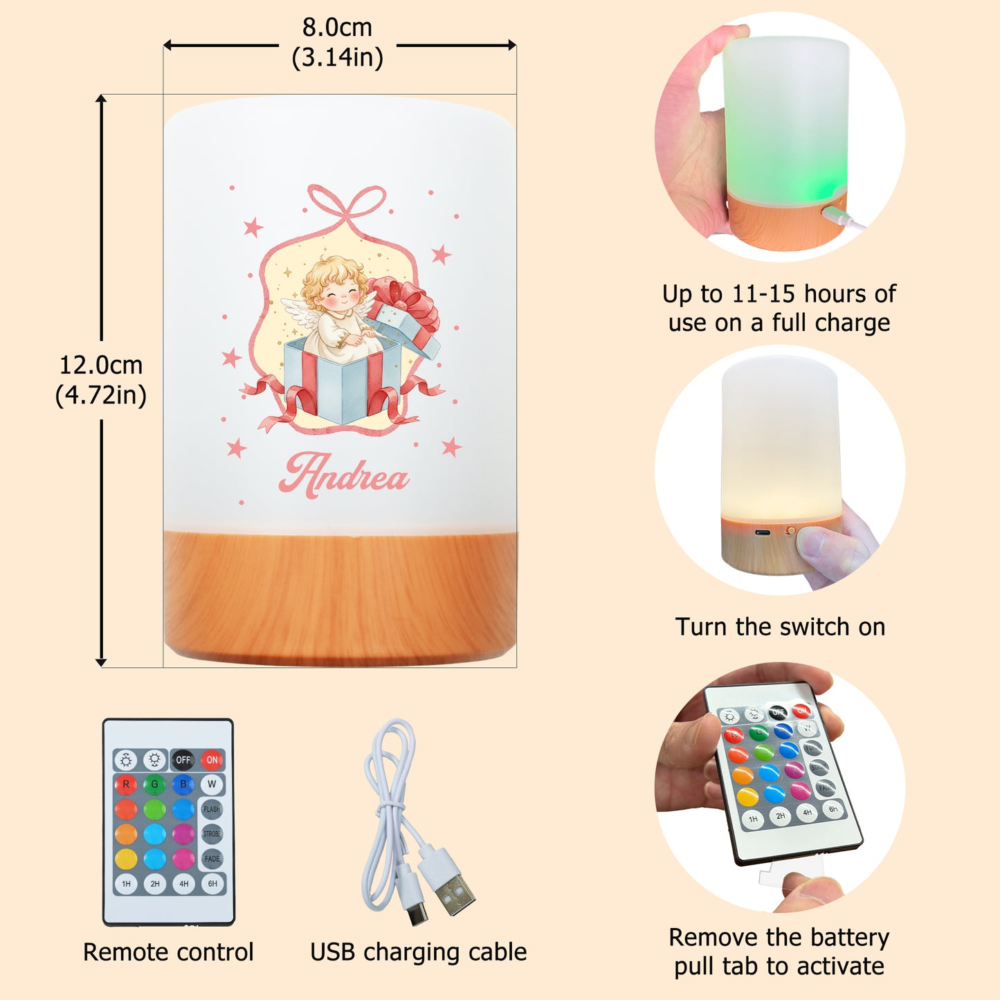 Personalized Holy Infant Angel Dimmable Touch USB Rechargeable Night Light with Name Bedroom Decor Birthday Christmas Anniversary Gift for Children